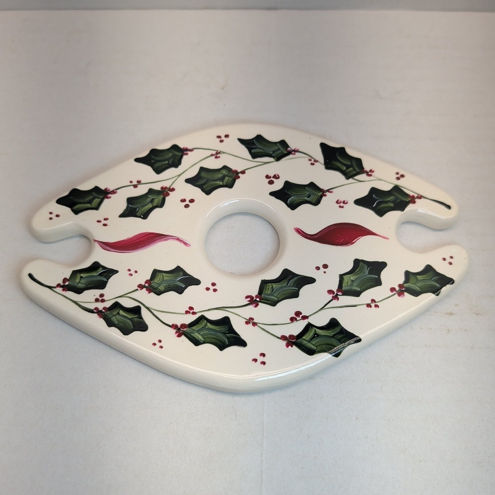 Hand Painted Ceramic Wine Glass Caddy Holly Berry Christmas Bottle Butler 2009
